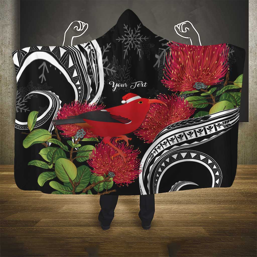 Personalized Mele Kalikimaka Hawaii Hooded Blanket I'iwi Bird With Ohia Lehua - Black Color