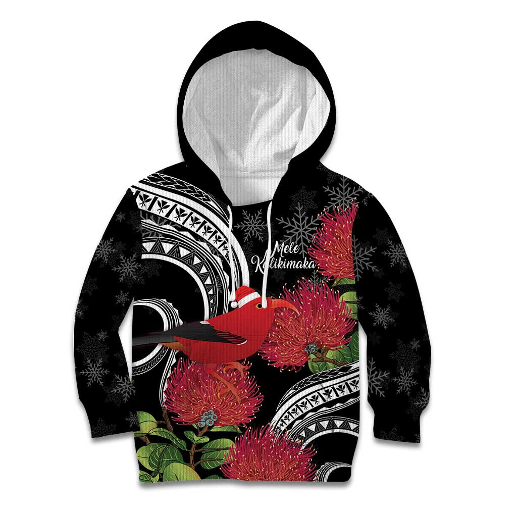 Personalized Mele Kalikimaka Hawaii Kid Hoodie I'iwi Bird With Ohia Lehua - Black Color