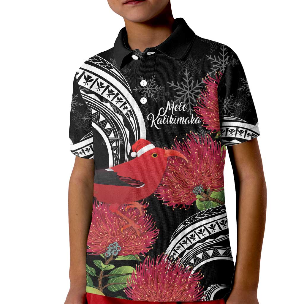 Personalized Mele Kalikimaka Hawaii Kid Polo Shirt I'iwi Bird With Ohia Lehua - Black Color