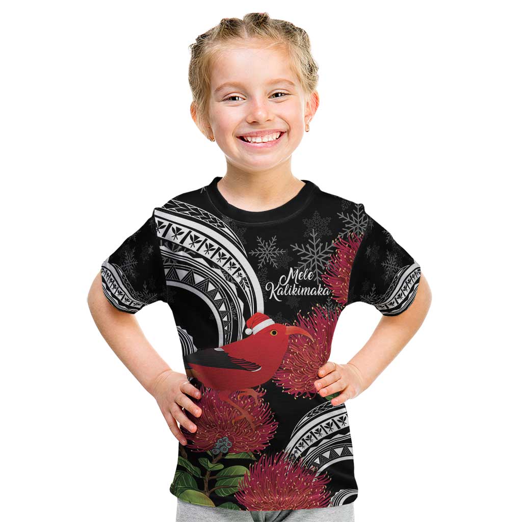 Personalized Mele Kalikimaka Hawaii Kid T Shirt I'iwi Bird With Ohia Lehua - Black Color