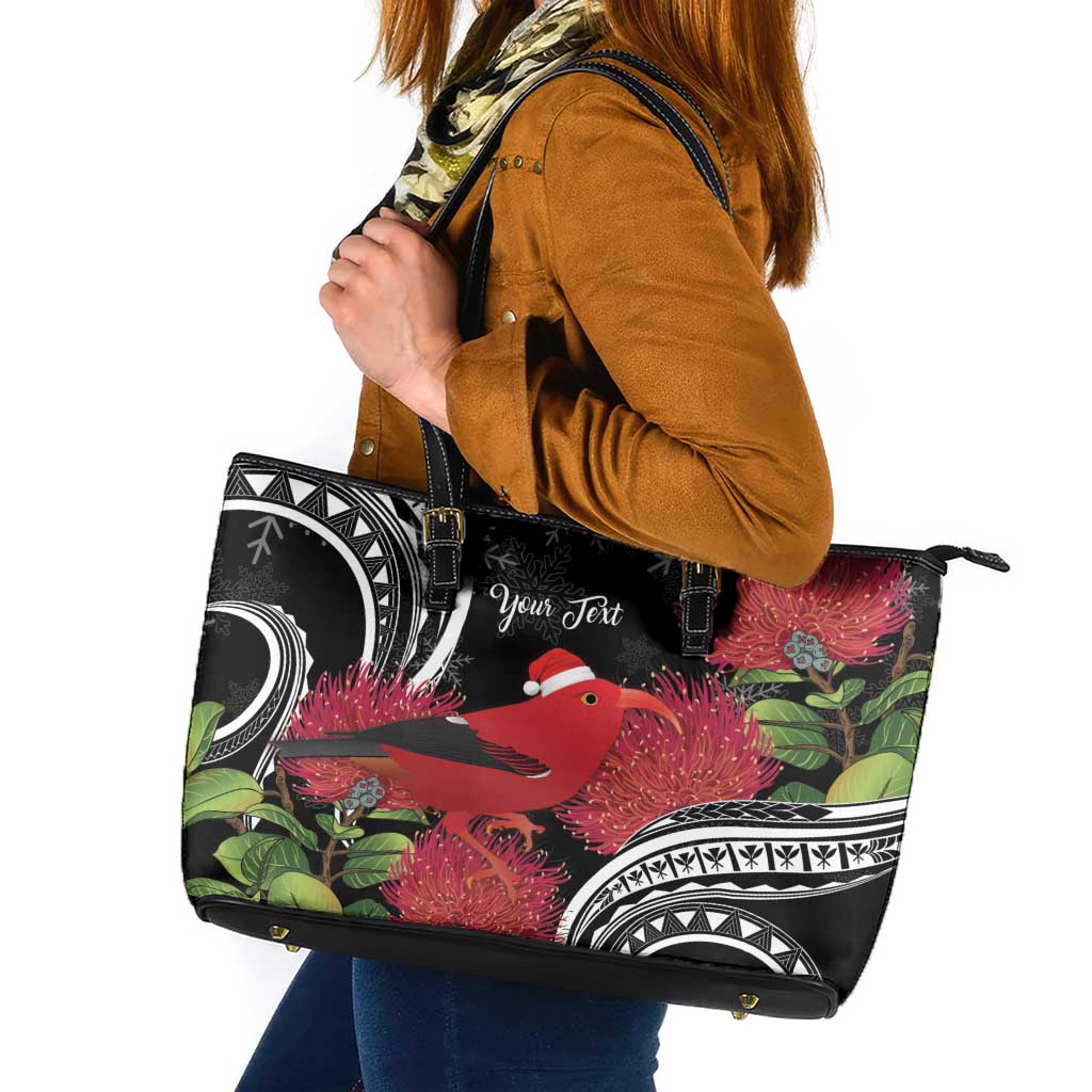 Personalized Mele Kalikimaka Hawaii Leather Tote Bag I'iwi Bird With Ohia Lehua - Black Color