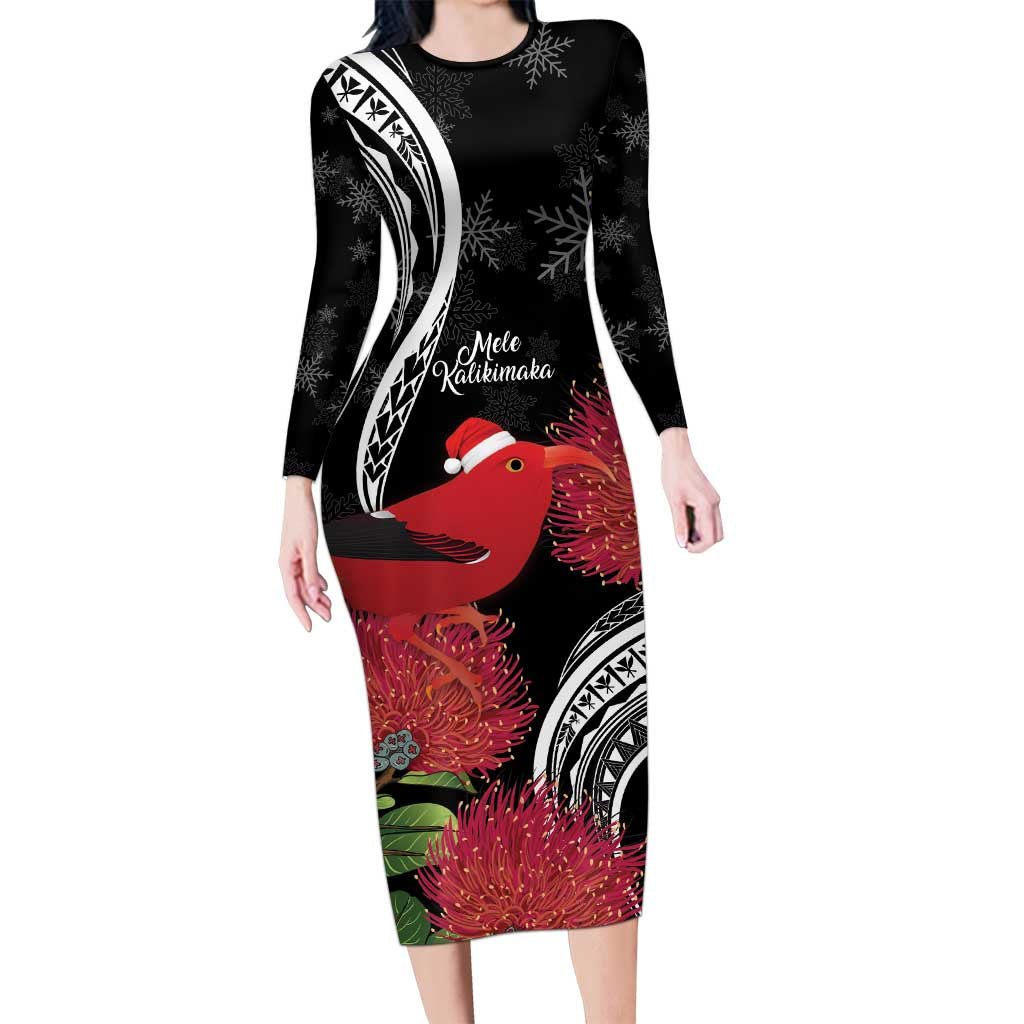 Personalized Mele Kalikimaka Hawaii Long Sleeve Bodycon Dress I'iwi Bird With Ohia Lehua - Black Color