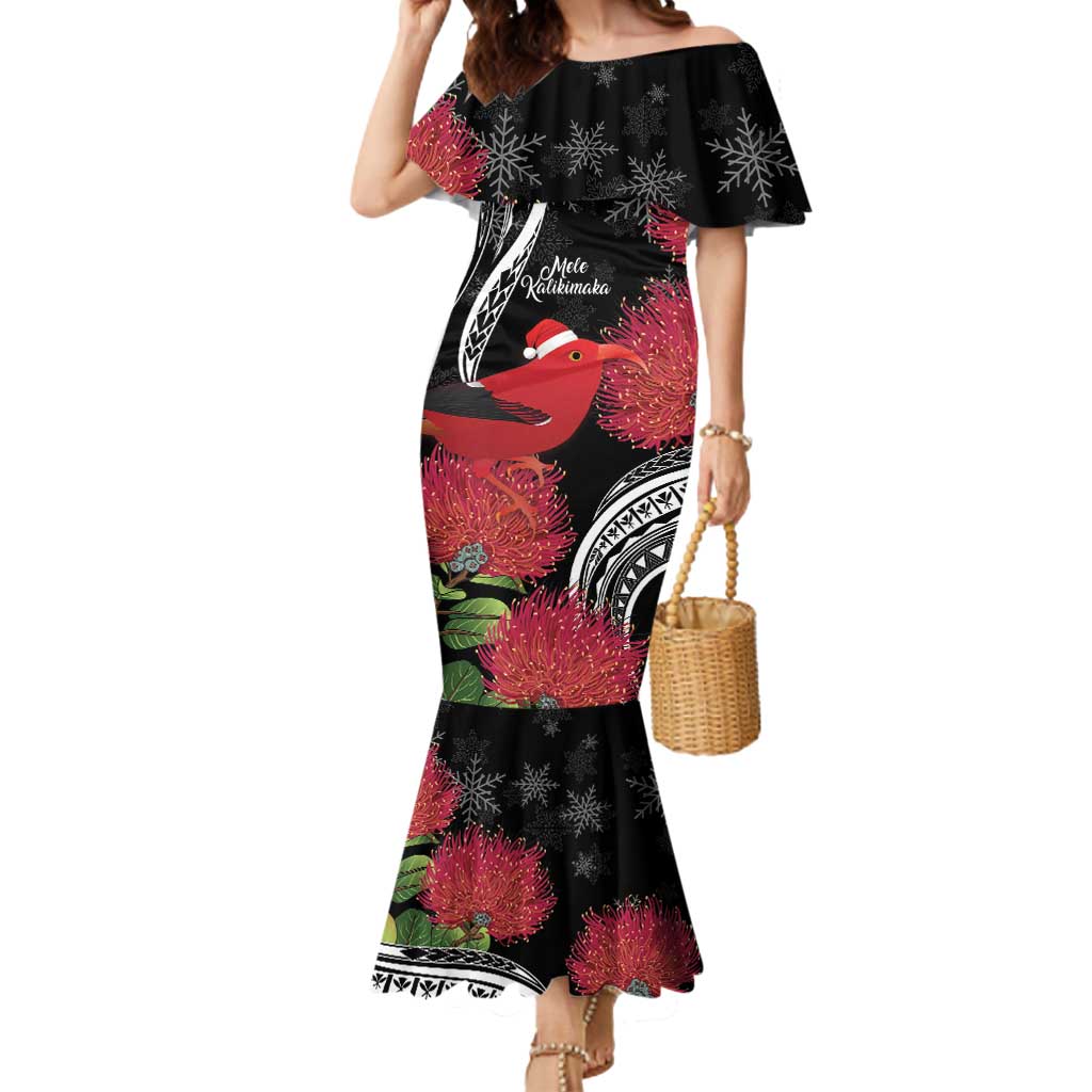 Personalized Mele Kalikimaka Hawaii Mermaid Dress I'iwi Bird With Ohia Lehua - Black Color