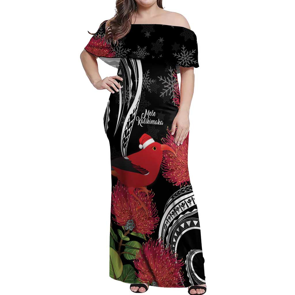 Personalized Mele Kalikimaka Hawaii Off Shoulder Maxi Dress I'iwi Bird With Ohia Lehua - Black Color