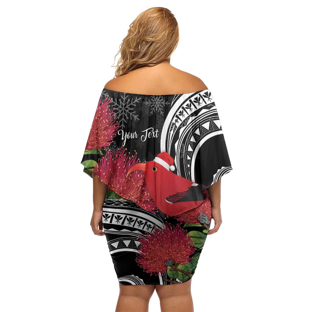 Personalized Mele Kalikimaka Hawaii Off Shoulder Short Dress I'iwi Bird With Ohia Lehua - Black Color