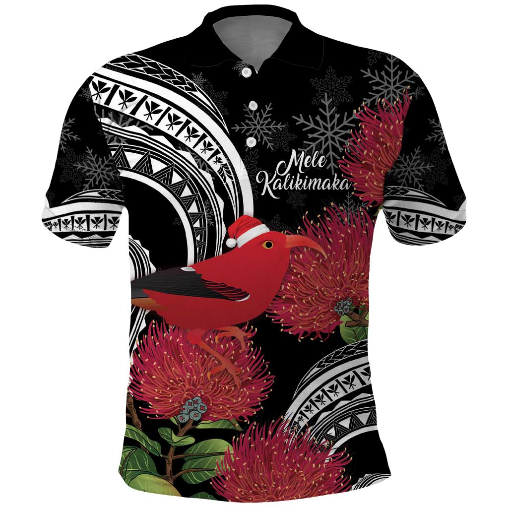 Personalized Mele Kalikimaka Hawaii Polo Shirt I'iwi Bird With Ohia Lehua - Black Color