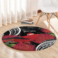 Personalized Mele Kalikimaka Hawaii Round Carpet I'iwi Bird With Ohia Lehua - Black Color