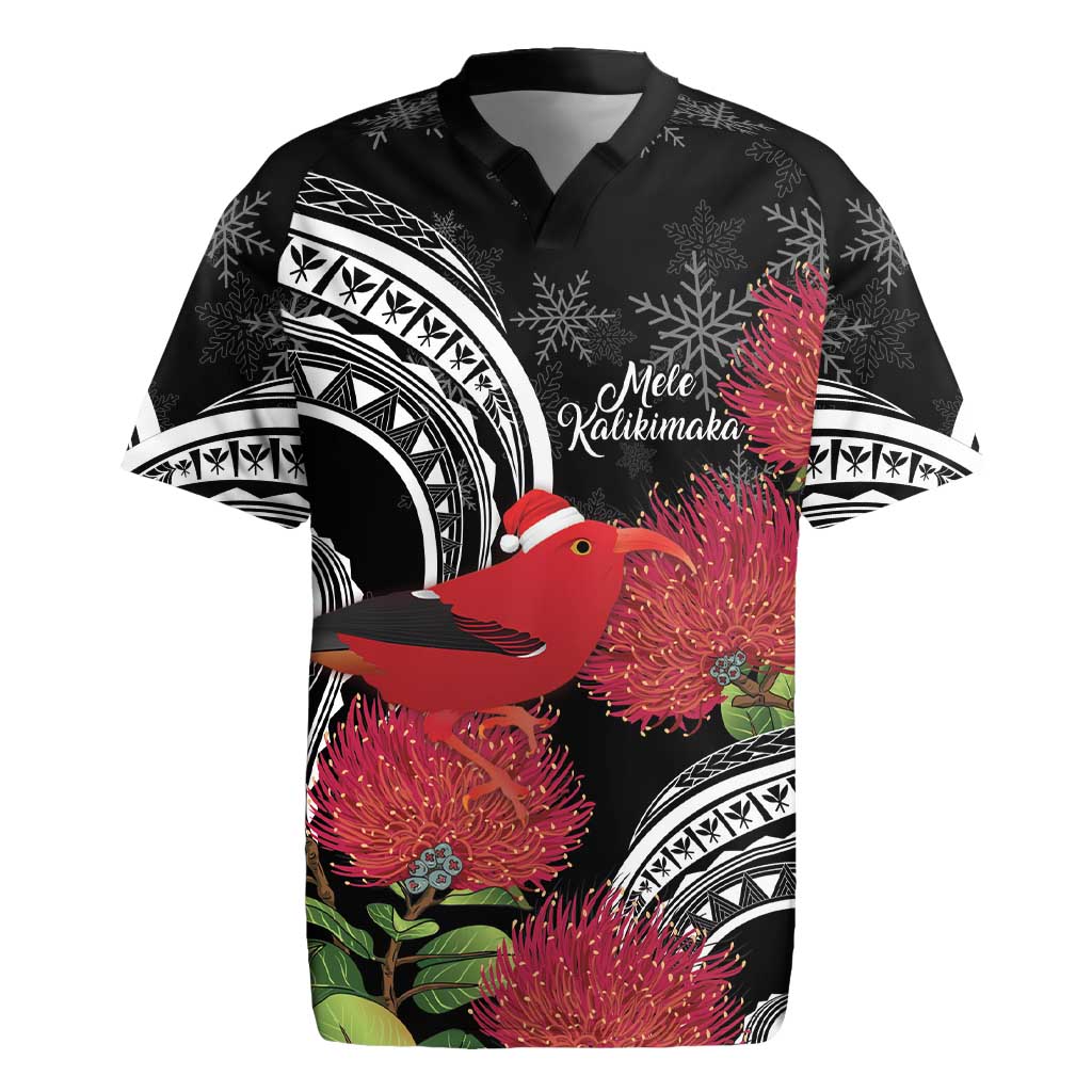 Personalized Mele Kalikimaka Hawaii Rugby Jersey I'iwi Bird With Ohia Lehua - Black Color