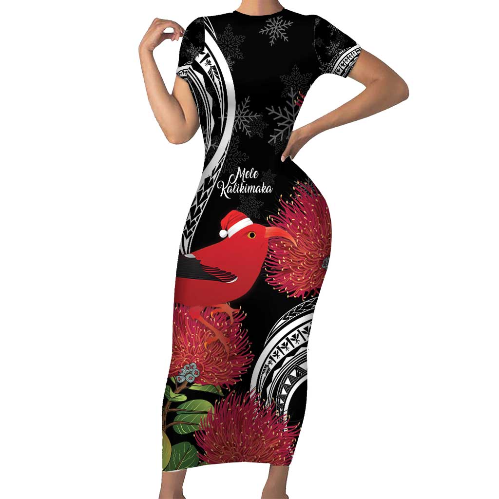 Personalized Mele Kalikimaka Hawaii Short Sleeve Bodycon Dress I'iwi Bird With Ohia Lehua - Black Color