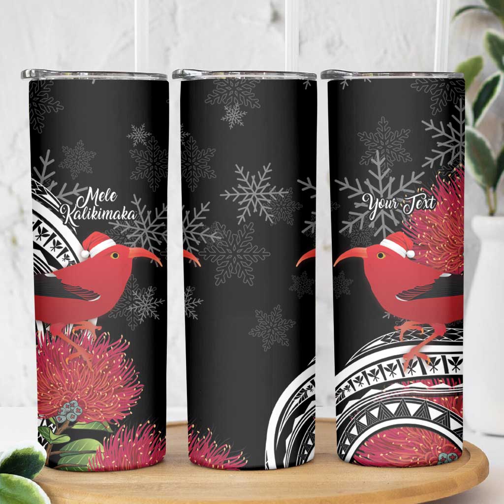 Personalized Mele Kalikimaka Hawaii Skinny Tumbler I'iwi Bird With Ohia Lehua - Black Color