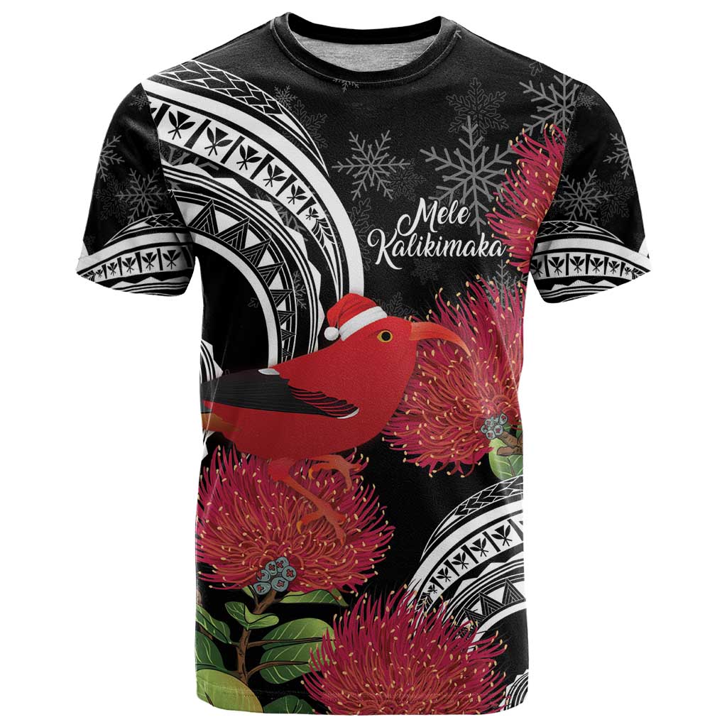 Personalized Mele Kalikimaka Hawaii T Shirt I'iwi Bird With Ohia Lehua - Black Color