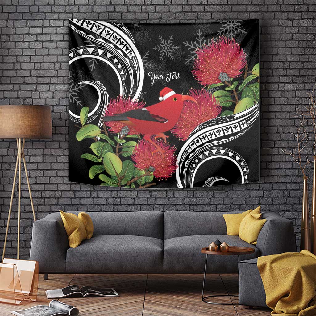 Personalized Mele Kalikimaka Hawaii Tapestry I'iwi Bird With Ohia Lehua - Black Color