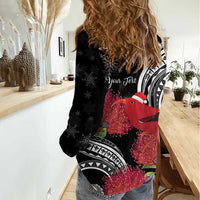 Personalized Mele Kalikimaka Hawaii Women Casual Shirt I'iwi Bird With Ohia Lehua - Black Color