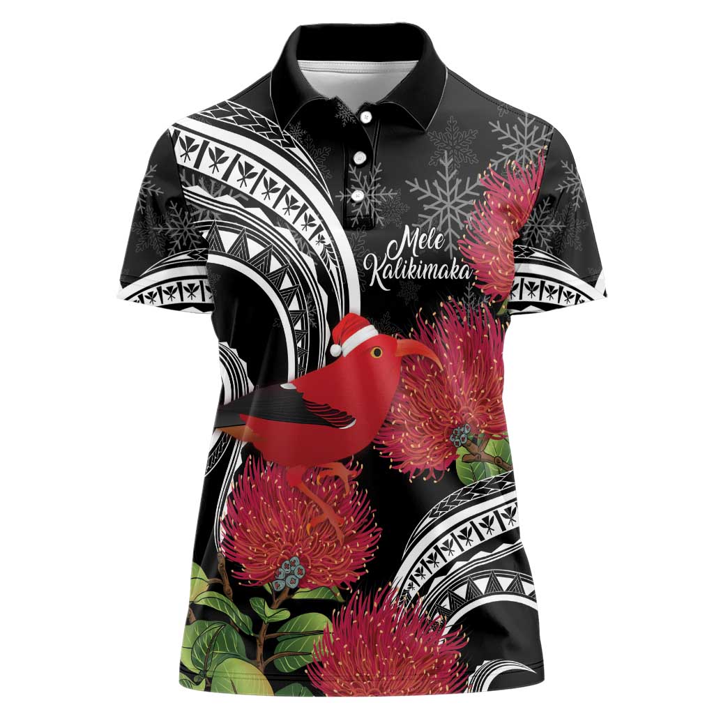 Personalized Mele Kalikimaka Hawaii Women Polo Shirt I'iwi Bird With Ohia Lehua - Black Color