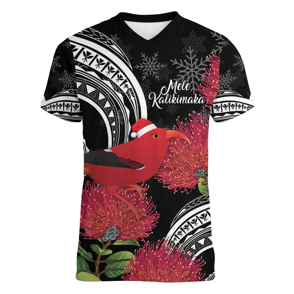 Personalized Mele Kalikimaka Hawaii Women V-Neck T-Shirt I'iwi Bird With Ohia Lehua - Black Color