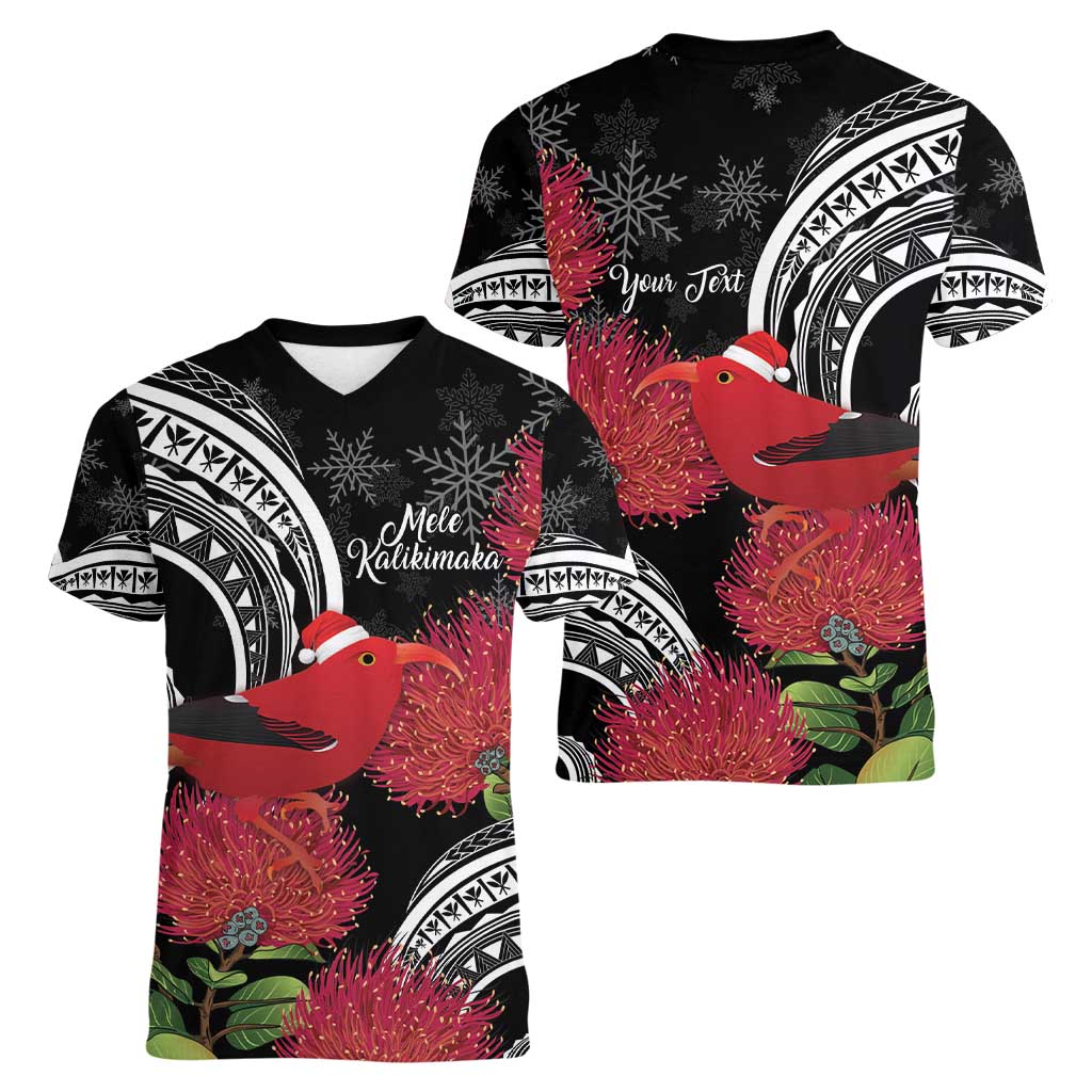 Personalized Mele Kalikimaka Hawaii Women V-Neck T-Shirt I'iwi Bird With Ohia Lehua - Black Color LT14 - Polynesian Pride