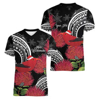 Personalized Mele Kalikimaka Hawaii Women V-Neck T-Shirt I'iwi Bird With Ohia Lehua - Black Color LT14 - Polynesian Pride