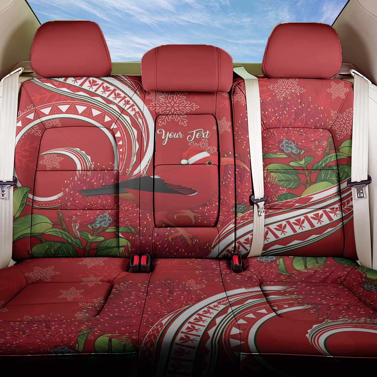 Personalized Mele Kalikimaka Hawaii Back Car Seat Cover I'iwi Bird With Ohia Lehua - Red Color