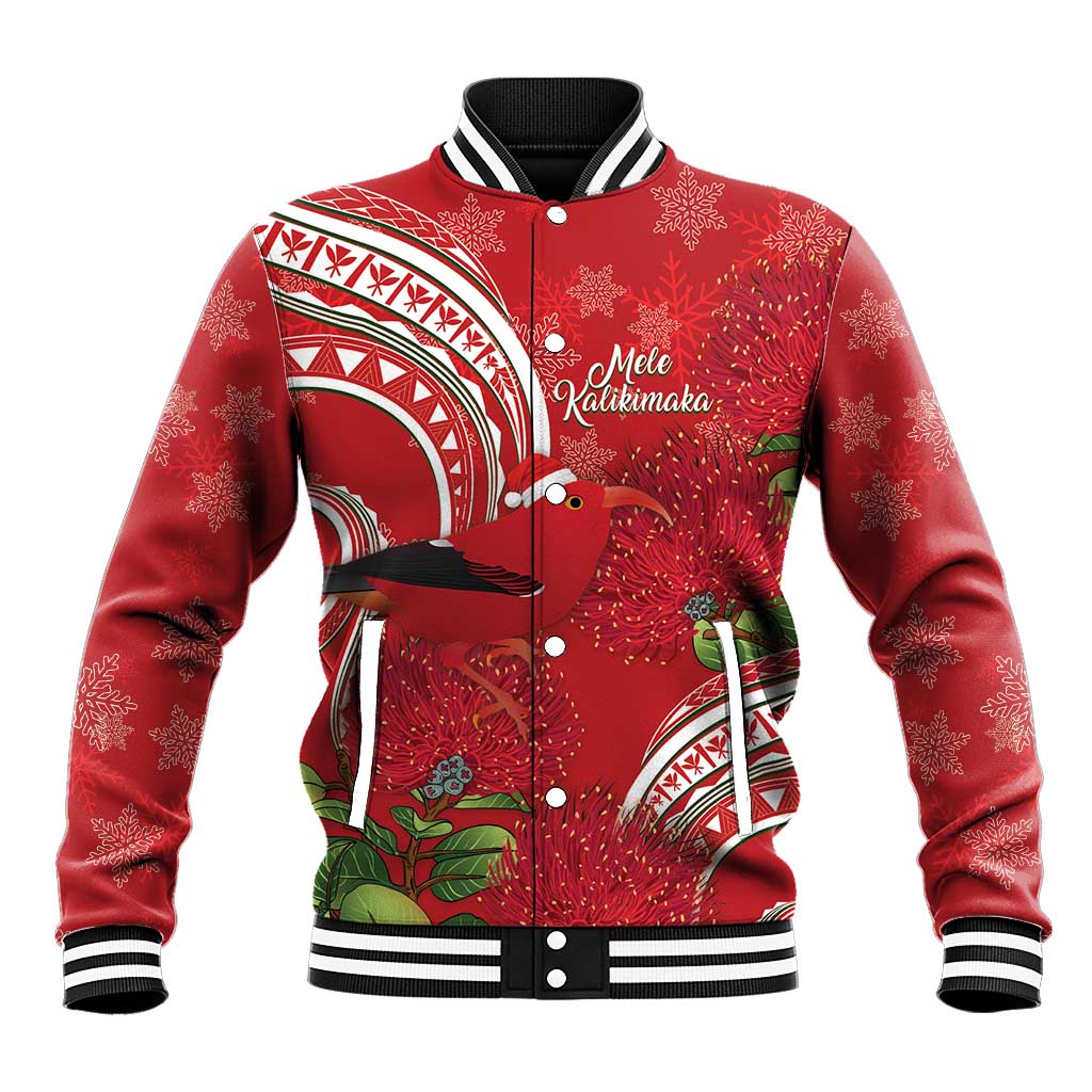 Personalized Mele Kalikimaka Hawaii Baseball Jacket I'iwi Bird With Ohia Lehua - Red Color