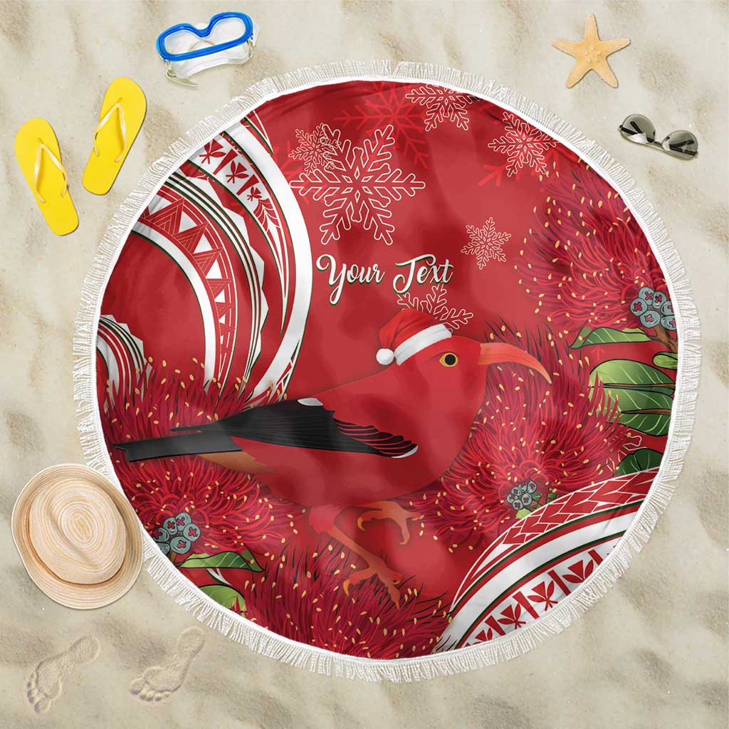 Personalized Mele Kalikimaka Hawaii Beach Blanket I'iwi Bird With Ohia Lehua - Red Color