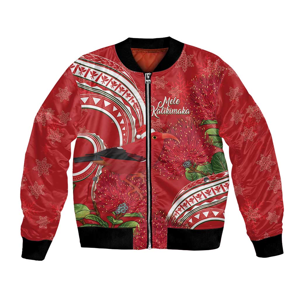 Personalized Mele Kalikimaka Hawaii Bomber Jacket I'iwi Bird With Ohia Lehua - Red Color LT14 Unisex Red - Polynesian Pride