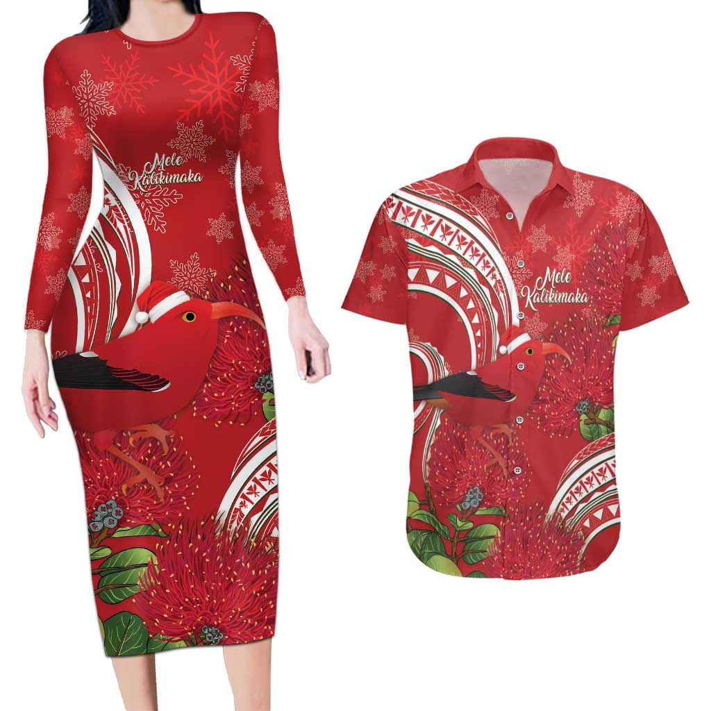 Personalized Mele Kalikimaka Hawaii Couples Matching Long Sleeve Bodycon Dress and Hawaiian Shirt I'iwi Bird With Ohia Lehua - Red Color