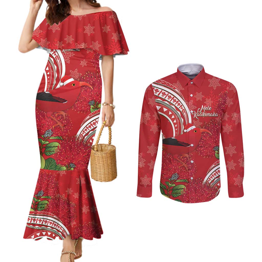 Personalized Mele Kalikimaka Hawaii Couples Matching Mermaid Dress and Long Sleeve Button Shirt I'iwi Bird With Ohia Lehua - Red Color