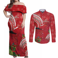 Personalized Mele Kalikimaka Hawaii Couples Matching Off Shoulder Maxi Dress and Long Sleeve Button Shirt I'iwi Bird With Ohia Lehua - Red Color LT14 Red - Polynesian Pride