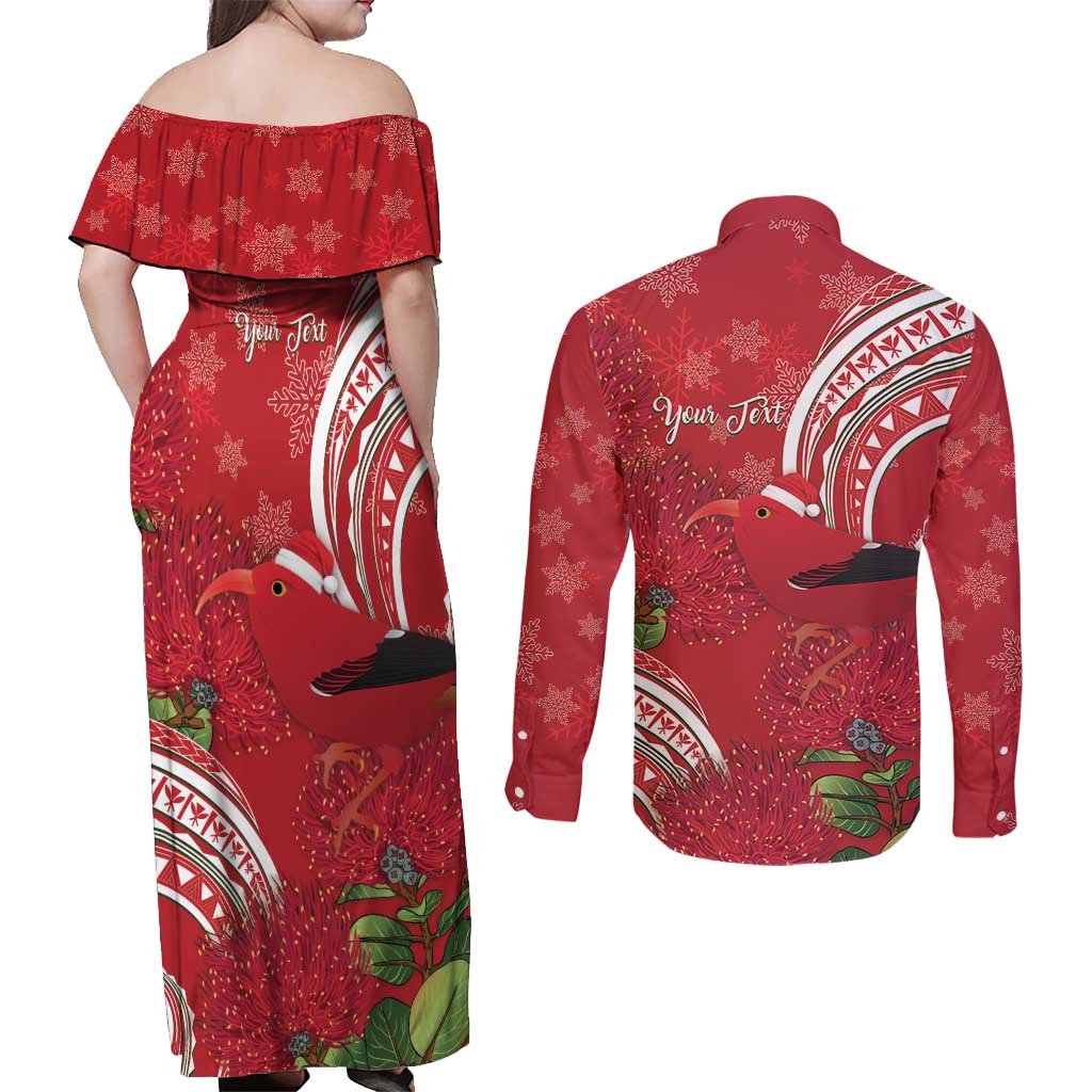 Personalized Mele Kalikimaka Hawaii Couples Matching Off Shoulder Maxi Dress and Long Sleeve Button Shirt I'iwi Bird With Ohia Lehua - Red Color LT14 - Polynesian Pride