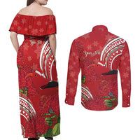 Personalized Mele Kalikimaka Hawaii Couples Matching Off Shoulder Maxi Dress and Long Sleeve Button Shirt I'iwi Bird With Ohia Lehua - Red Color LT14 - Polynesian Pride