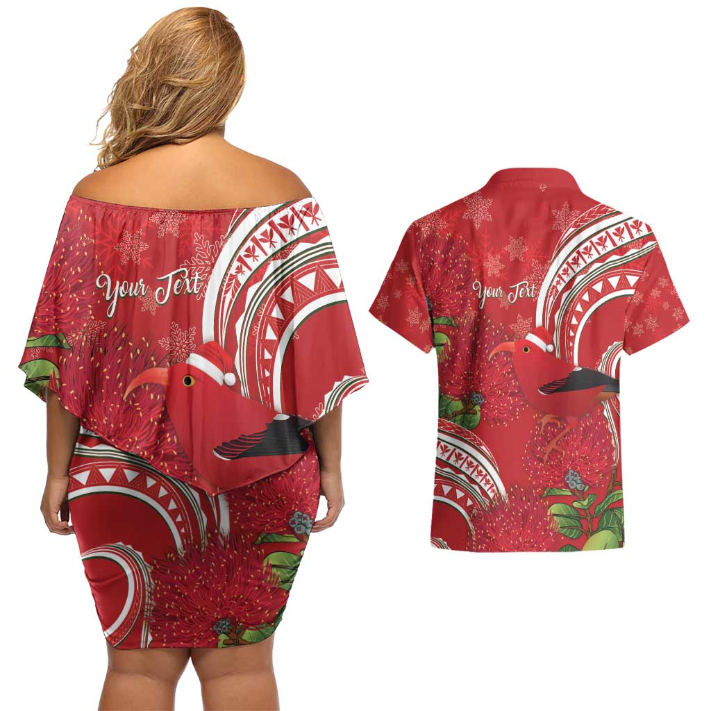 Personalized Mele Kalikimaka Hawaii Couples Matching Off Shoulder Short Dress and Hawaiian Shirt I'iwi Bird With Ohia Lehua - Red Color LT14 - Polynesian Pride