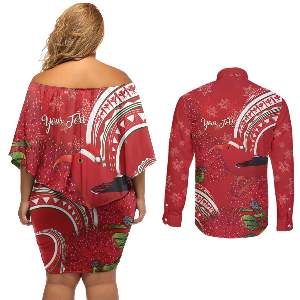 Personalized Mele Kalikimaka Hawaii Couples Matching Off Shoulder Short Dress and Long Sleeve Button Shirt I'iwi Bird With Ohia Lehua - Red Color LT14 - Polynesian Pride