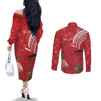 Personalized Mele Kalikimaka Hawaii Couples Matching Off The Shoulder Long Sleeve Dress and Long Sleeve Button Shirt I'iwi Bird With Ohia Lehua - Red Color LT14 - Polynesian Pride