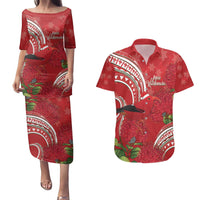 Personalized Mele Kalikimaka Hawaii Couples Matching Puletasi and Hawaiian Shirt I'iwi Bird With Ohia Lehua - Red Color LT14 Red - Polynesian Pride