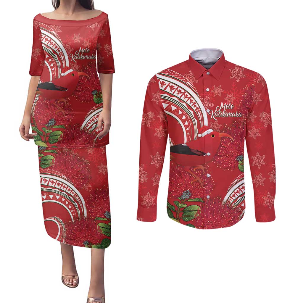 Personalized Mele Kalikimaka Hawaii Couples Matching Puletasi and Long Sleeve Button Shirt I'iwi Bird With Ohia Lehua - Red Color