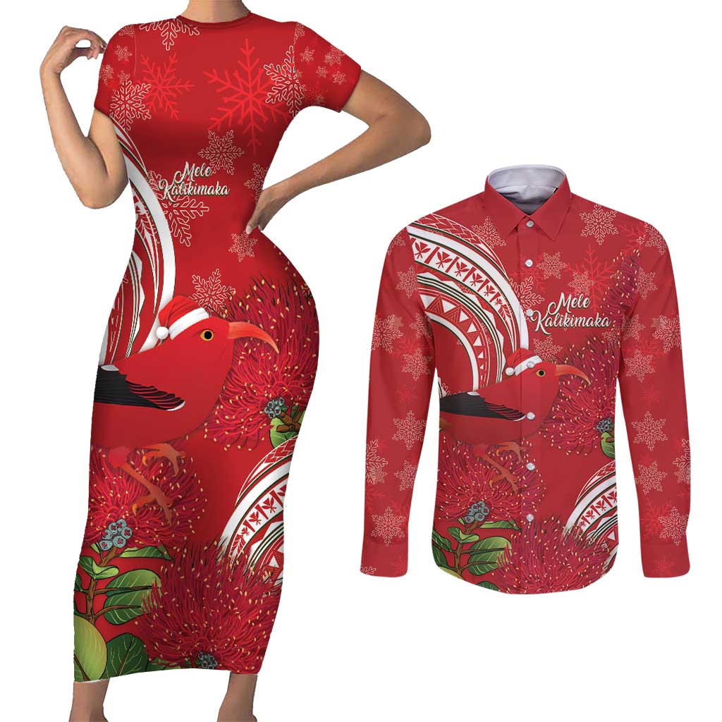 Personalized Mele Kalikimaka Hawaii Couples Matching Short Sleeve Bodycon Dress and Long Sleeve Button Shirt I'iwi Bird With Ohia Lehua - Red Color LT14 Red - Polynesian Pride