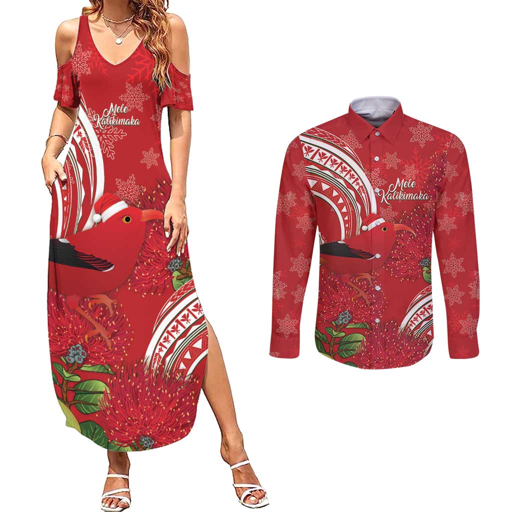 Personalized Mele Kalikimaka Hawaii Couples Matching Summer Maxi Dress and Long Sleeve Button Shirt I'iwi Bird With Ohia Lehua - Red Color