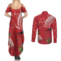 Personalized Mele Kalikimaka Hawaii Couples Matching Summer Maxi Dress and Long Sleeve Button Shirt I'iwi Bird With Ohia Lehua - Red Color LT14 - Polynesian Pride