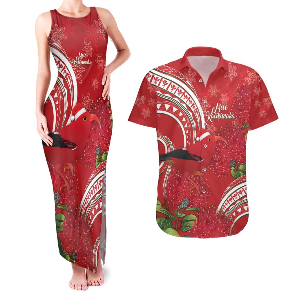 Personalized Mele Kalikimaka Hawaii Couples Matching Tank Maxi Dress and Hawaiian Shirt I'iwi Bird With Ohia Lehua - Red Color LT14 Red - Polynesian Pride