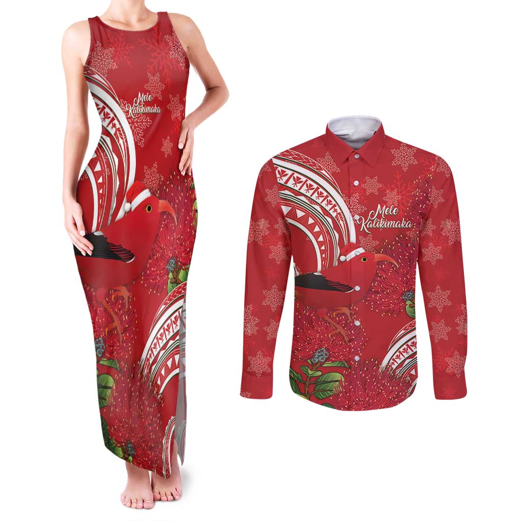 Personalized Mele Kalikimaka Hawaii Couples Matching Tank Maxi Dress and Long Sleeve Button Shirt I'iwi Bird With Ohia Lehua - Red Color