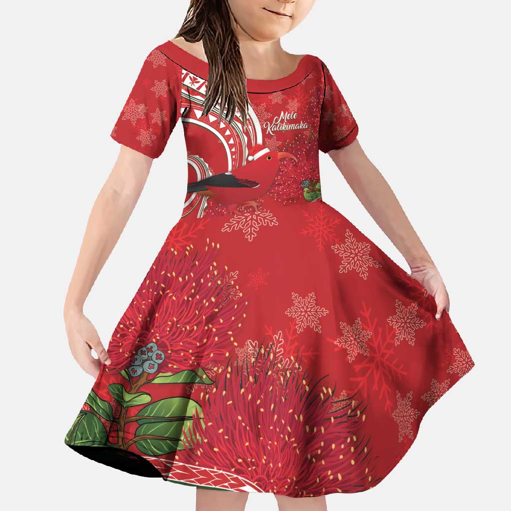 Personalized Mele Kalikimaka Hawaii Family Matching Long Sleeve Bodycon Dress and Hawaiian Shirt I'iwi Bird With Ohia Lehua - Red Color LT14 Daughter's Dress Red - Polynesian Pride