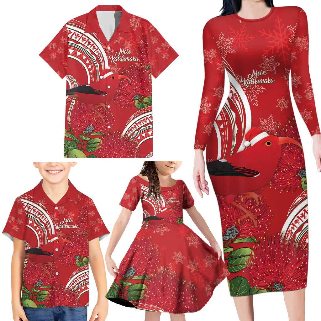 Personalized Mele Kalikimaka Hawaii Family Matching Long Sleeve Bodycon Dress and Hawaiian Shirt I'iwi Bird With Ohia Lehua - Red Color LT14 - Polynesian Pride