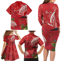 Personalized Mele Kalikimaka Hawaii Family Matching Long Sleeve Bodycon Dress and Hawaiian Shirt I'iwi Bird With Ohia Lehua - Red Color LT14 - Polynesian Pride