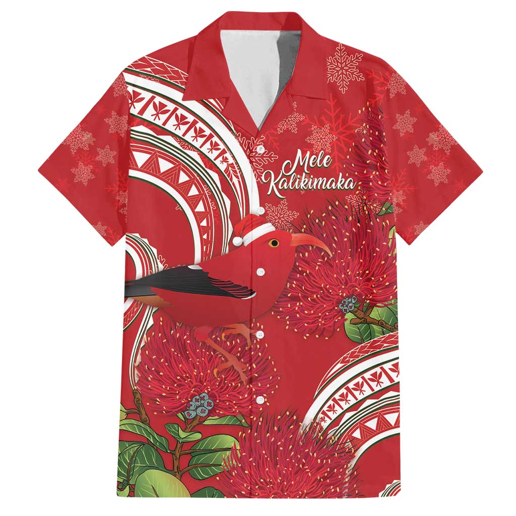 Personalized Mele Kalikimaka Hawaii Family Matching Long Sleeve Bodycon Dress and Hawaiian Shirt I'iwi Bird With Ohia Lehua - Red Color LT14 Dad's Shirt - Short Sleeve Red - Polynesian Pride