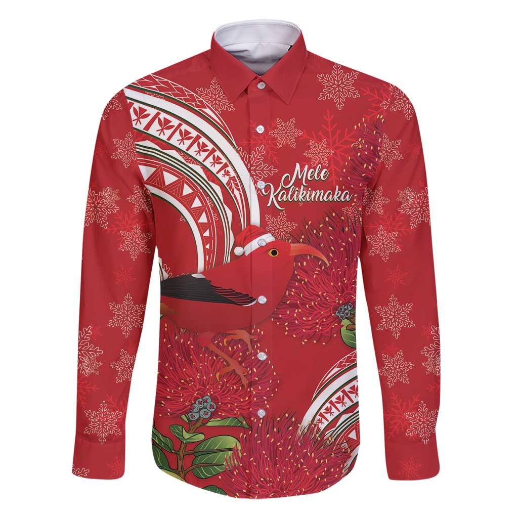 Personalized Mele Kalikimaka Hawaii Family Matching Long Sleeve Bodycon Dress and Hawaiian Shirt I'iwi Bird With Ohia Lehua - Red Color LT14 Dad's Shirt - Long Sleeve Red - Polynesian Pride