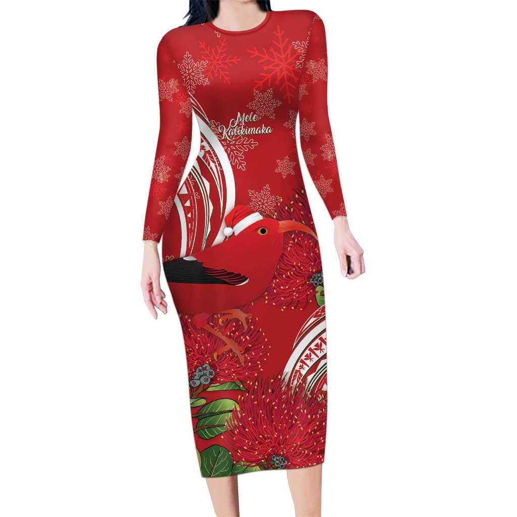 Personalized Mele Kalikimaka Hawaii Family Matching Long Sleeve Bodycon Dress and Hawaiian Shirt I'iwi Bird With Ohia Lehua - Red Color LT14 Mom's Dress Red - Polynesian Pride