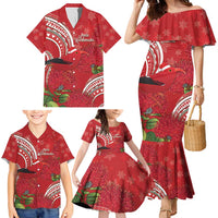 Personalized Mele Kalikimaka Hawaii Family Matching Mermaid Dress and Hawaiian Shirt I'iwi Bird With Ohia Lehua - Red Color