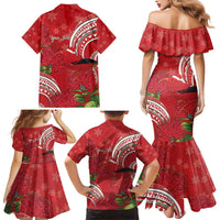 Personalized Mele Kalikimaka Hawaii Family Matching Mermaid Dress and Hawaiian Shirt I'iwi Bird With Ohia Lehua - Red Color