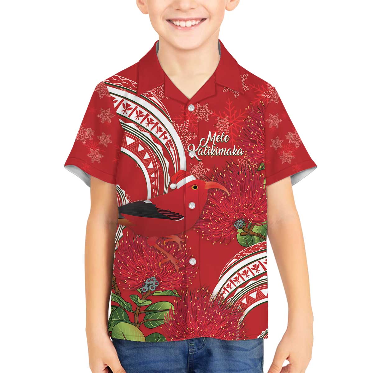 Personalized Mele Kalikimaka Hawaii Family Matching Off The Shoulder Long Sleeve Dress and Hawaiian Shirt I'iwi Bird With Ohia Lehua - Red Color