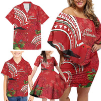 Personalized Mele Kalikimaka Hawaii Family Matching Off Shoulder Short Dress and Hawaiian Shirt I'iwi Bird With Ohia Lehua - Red Color